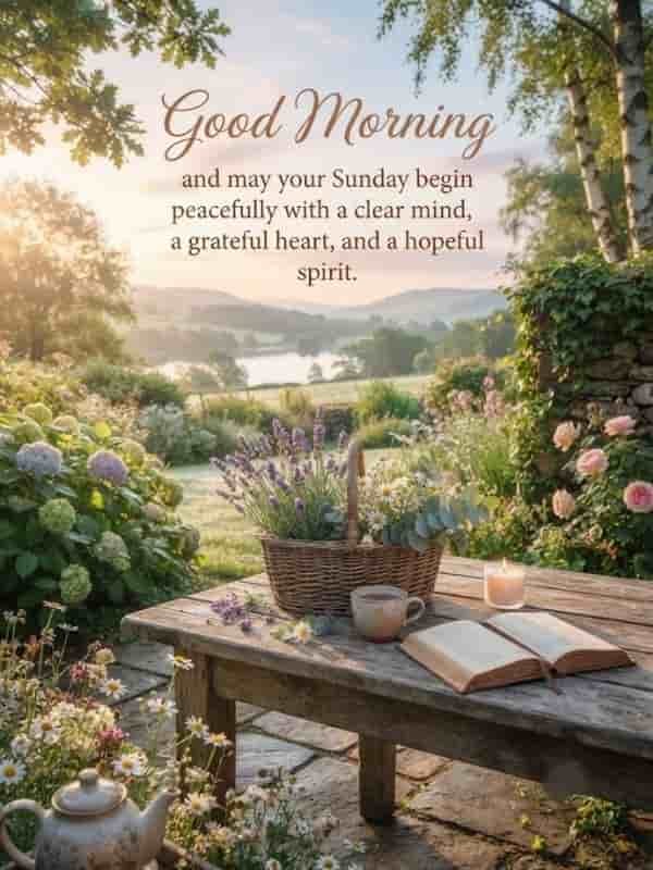 A peaceful Sunday morning garden scene featuring a rustic wooden table outdoors. On the table, there is a wicker basket filled with lavender and daisies, an open book, a cup of tea, and a lit candle, with a serene countryside and lake view in the background. Text overlaid at the top reads, "Good Morning and may your Sunday begin peacefully with a clear mind, a grateful heart, and a hopeful spirit.