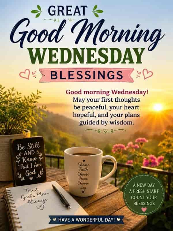 Great Good Morning Wednesday Blessings with a peaceful sunrise, flowers, coffee cup, and an inspirational message about hope, wisdom, faith, and a wonderful day.