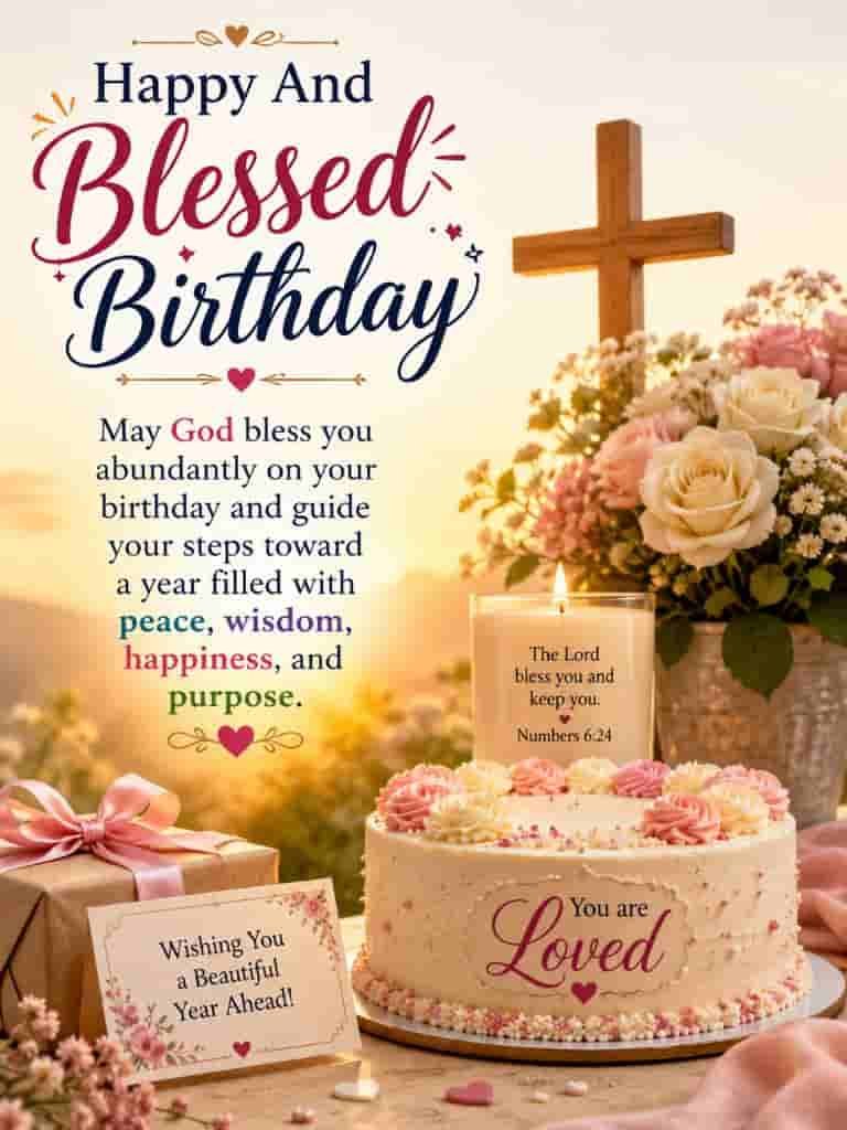 Happy and blessed birthday greeting with a Christian birthday prayer, flowers, birthday cake, candle, gifts, and a cross, wishing peace, wisdom, happiness, and purpose.
