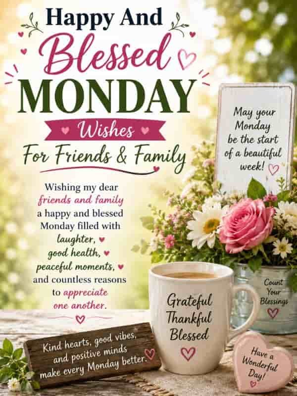 Happy and Blessed Monday wishes for friends and family with flowers, coffee mug, hearts, and an uplifting message about laughter, good health, peaceful moments, gratitude, and appreciating loved ones.
