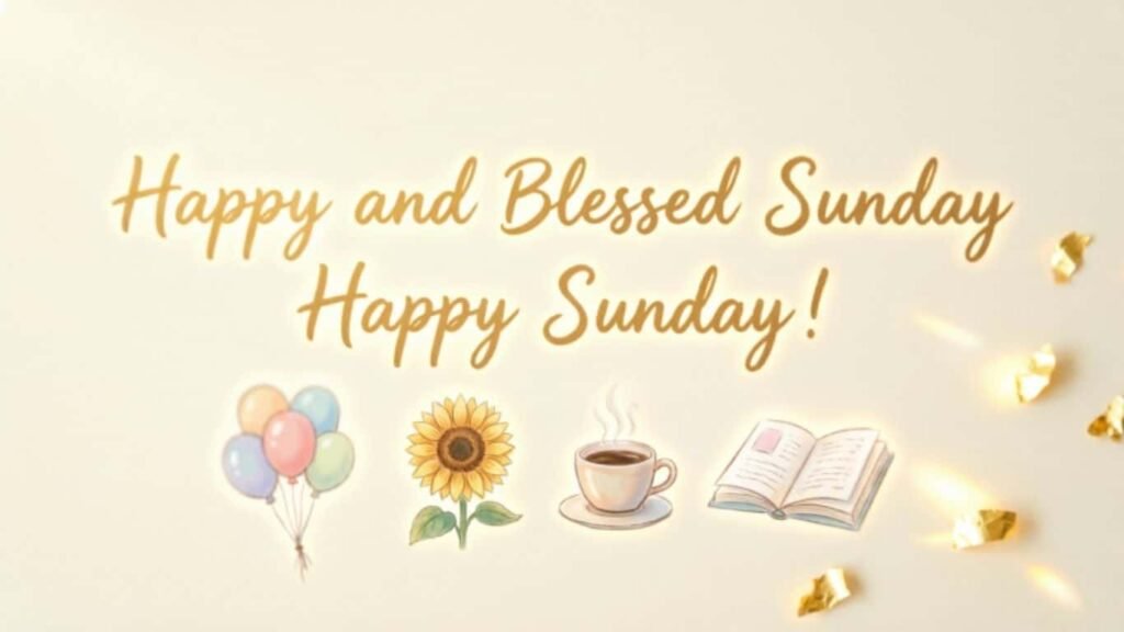 Happy and blessed Sunday image featuring colorful balloons, a sunflower, a cup of coffee, and an open book with a warm Sunday greeting.