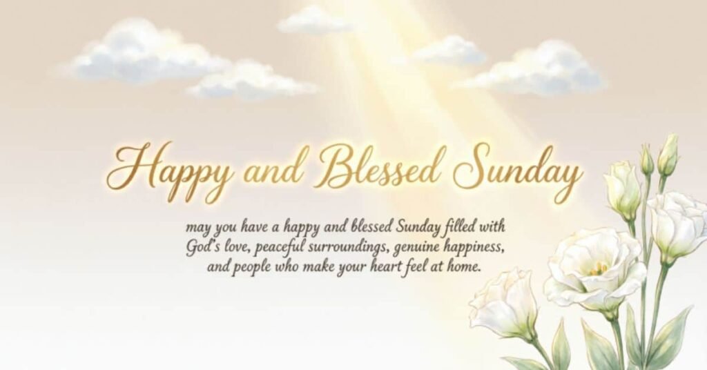 Happy and Blessed Sunday image with white flowers, soft sunlight, clouds, and a message wishing a peaceful Sunday filled with God’s love, happiness, and meaningful companionship.
