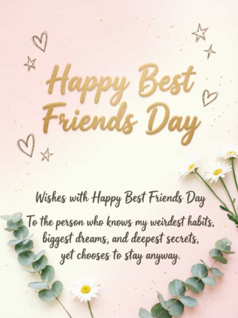 Happy Best Friends Day wishes with a heartfelt friendship message about knowing each other’s habits, dreams, and secrets.