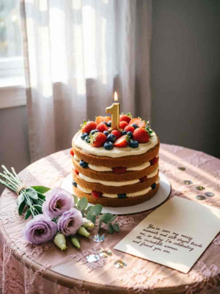 Birthday cake decorated with fresh strawberries and blueberries, topped with a number one candle, flowers, confetti, and a heartfelt birthday card on a table.