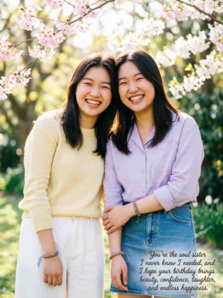 Two smiling best friends standing together under blooming cherry blossom trees, with a heartfelt birthday message celebrating their sister-like friendship, confidence, laughter, and happiness.