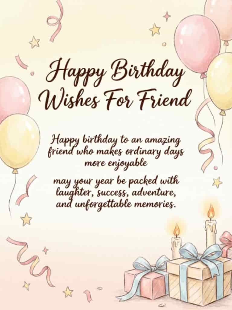 Happy Birthday greeting card with balloons, gift boxes, and a heartfelt message for a friend