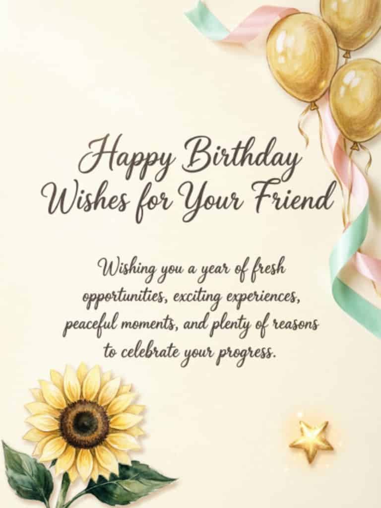 Happy birthday wishes for a friend with a heartfelt message about fresh opportunities, exciting experiences, peaceful moments, and celebrating personal progress, decorated with golden balloons, ribbons, and a sunflower.