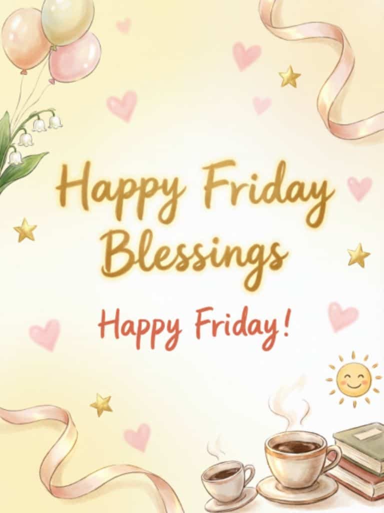 Happy Friday blessings image with pastel balloons, hearts, stars, flowers, steaming coffee cups, books, and a cheerful smiling sun.