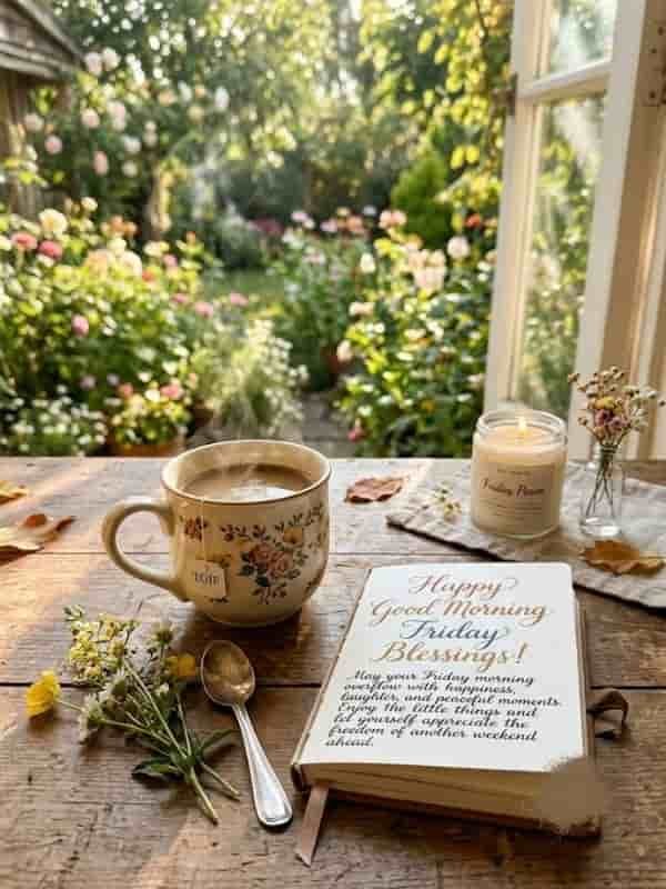 Happy Good Morning Friday Blessings image with a journal, hot tea cup, candle, and a flower garden view through an open window.
