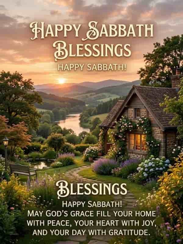 Happy Sabbath Blessings greeting card featuring a cozy stone cottage in a lush garden during a warm sunset, with peaceful nature scenery and inspirational text.
