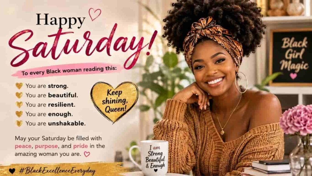 **Alt text:** Happy Saturday image featuring a smiling Black woman with natural curly hair and a patterned headwrap, celebrating strength, beauty, resilience, confidence, and Black excellence with an uplifting Saturday message.
