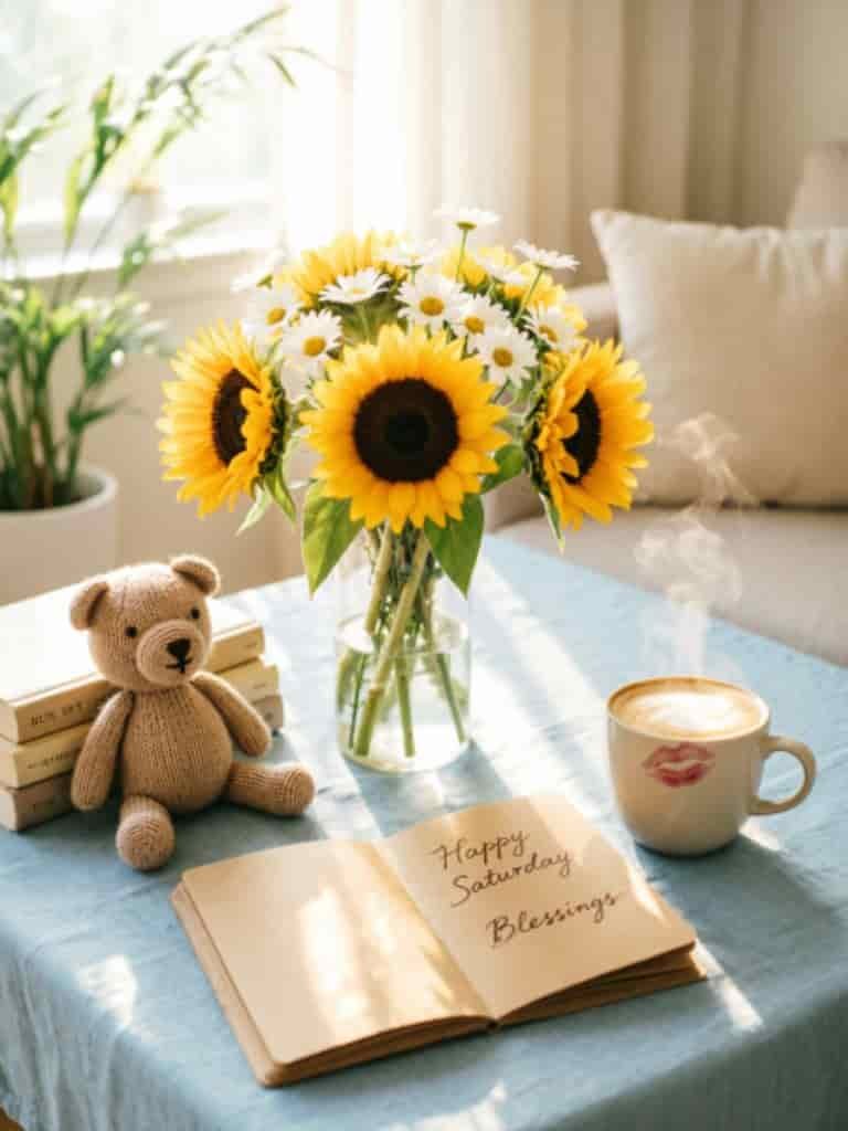 Happy Saturday blessings with sunflowers, daisies, a teddy bear, coffee, and an open journal in a cozy home setting.