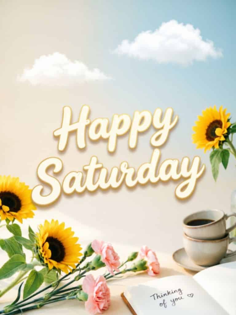 Happy Saturday greeting with sunflowers, pink flowers, coffee cup, and a “Thinking of you” note on a bright pastel background.