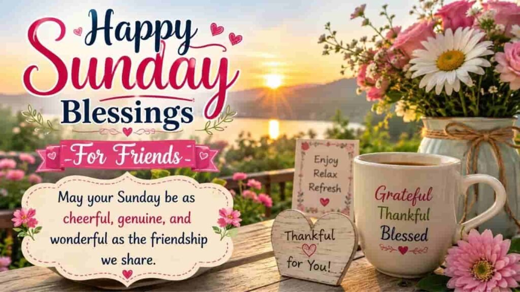 Happy Sunday blessings for friends greeting card with text quote, coffee mug, flowers, and a scenic morning view