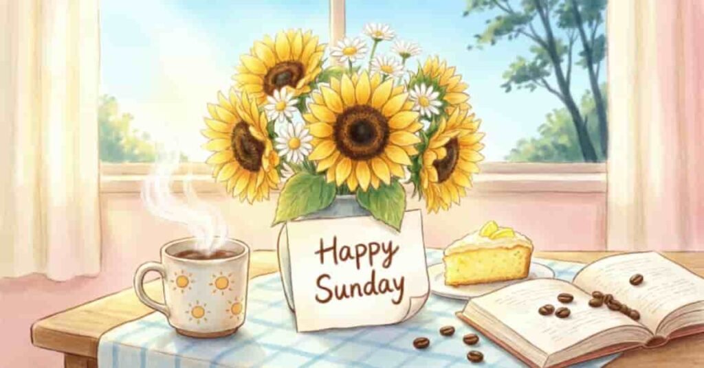 Happy Sunday image featuring sunflowers, daisies, a cup of coffee, lemon cake, and an open book on a cozy table.