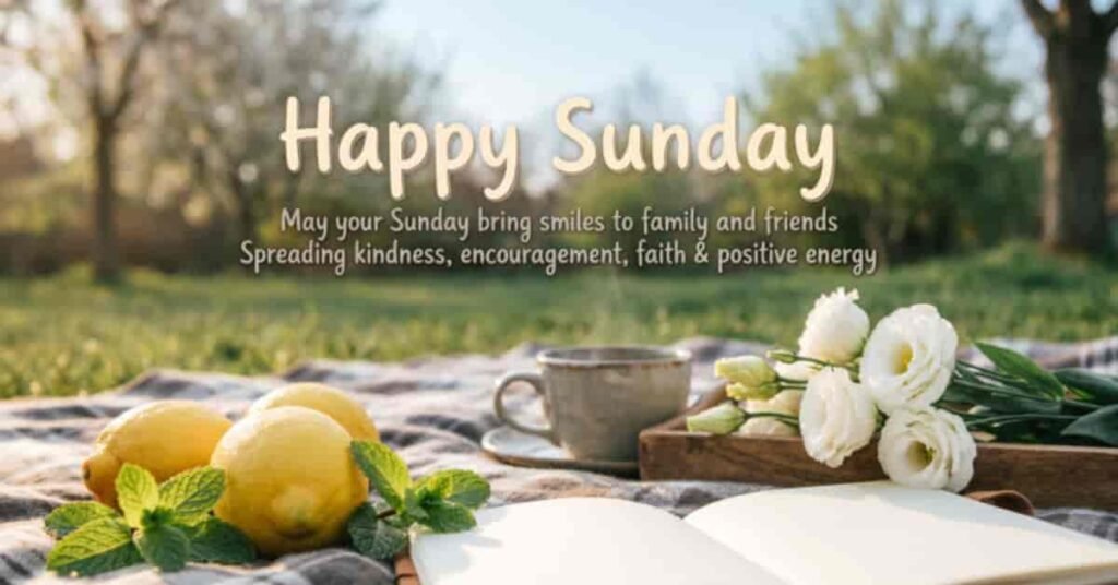 Happy Sunday image with a peaceful outdoor picnic scene, lemons, white flowers, coffee, an open book, and a message about spreading kindness, faith, and positive energy.