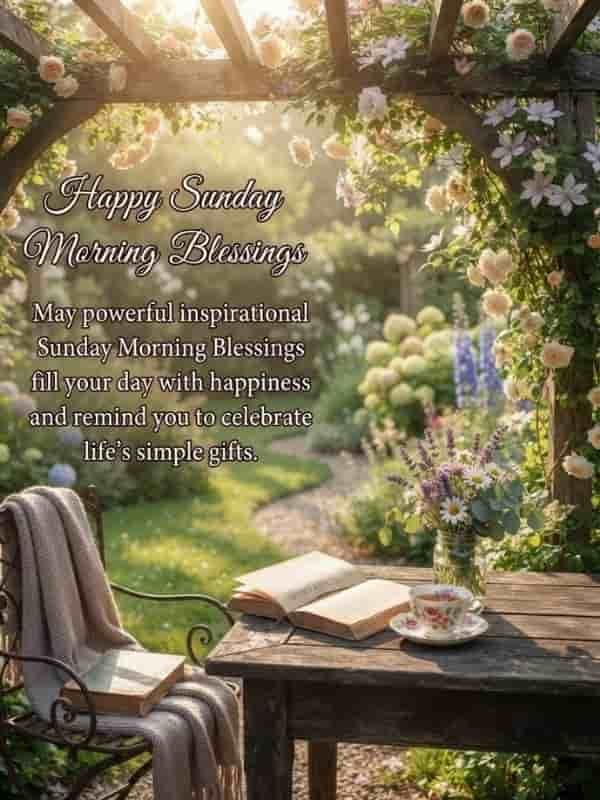 A peaceful garden setting in 3:4 aspect ratio featuring a wooden table with an open book, a teacup, and a vase of flowers under a floral pergola, overlaid with the text 'Happy Sunday Morning Blessings'.