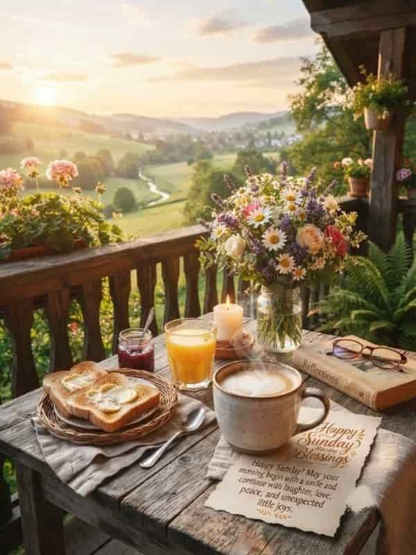 A peaceful balcony breakfast scene at sunrise with a cup of coffee, orange juice, buttered toast, flowers, and a note wishing happy Sunday blessings.