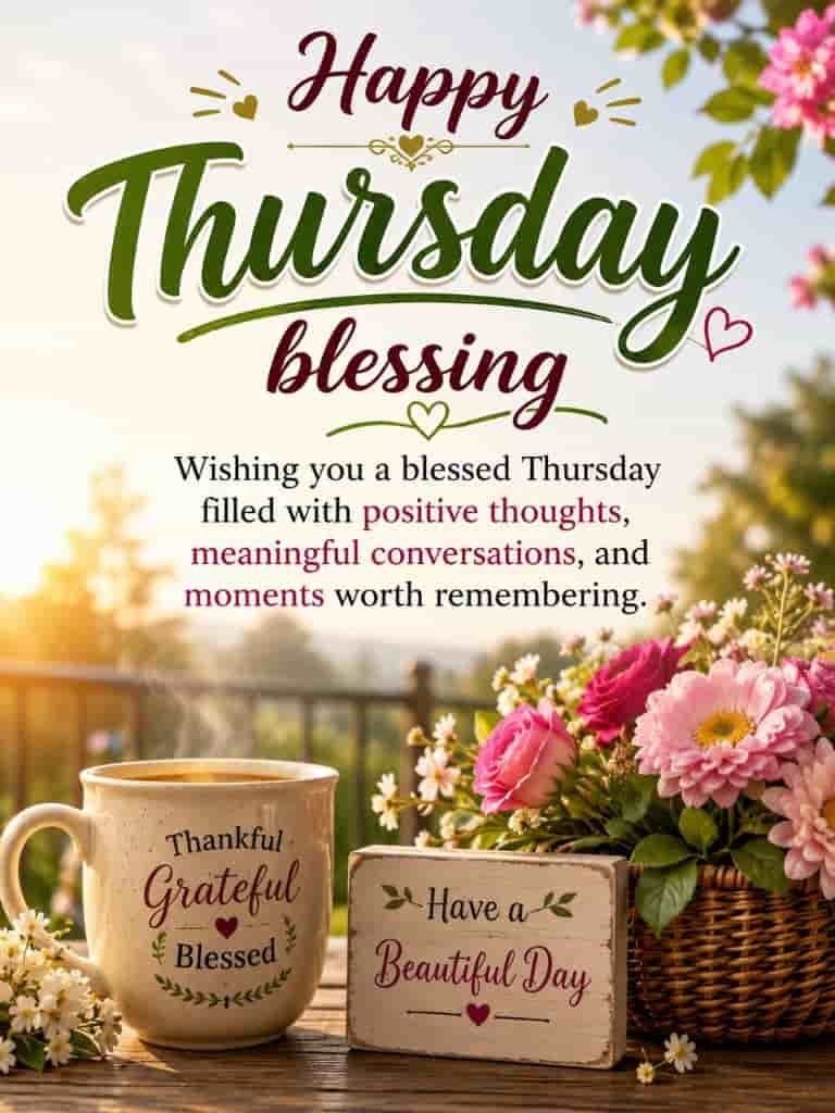 Happy Thursday blessing image with flowers, coffee mug, and inspirational message about positive thoughts, meaningful conversations, and a beautiful day.