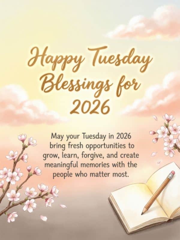 Happy Tuesday blessings 2026 image with cherry blossom flowers, notebook, pencil, and motivational quote.