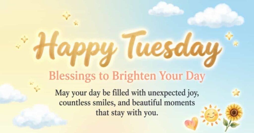 Happy Tuesday blessings image with a bright blue sky, sunshine, clouds, stars, smiling sun, sunflower, and the inspirational message 'Blessings to Brighten Your Day' wishing joy, smiles, and beautiful moments.