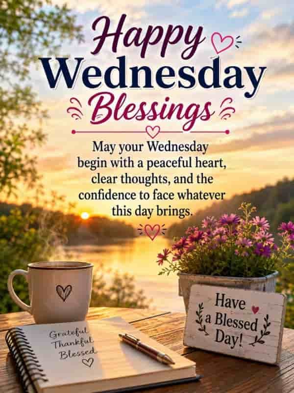Happy Wednesday Blessings with a peaceful sunrise, blooming flowers, warm coffee, and an inspirational message wishing peace, clear thoughts, and confidence for the day.