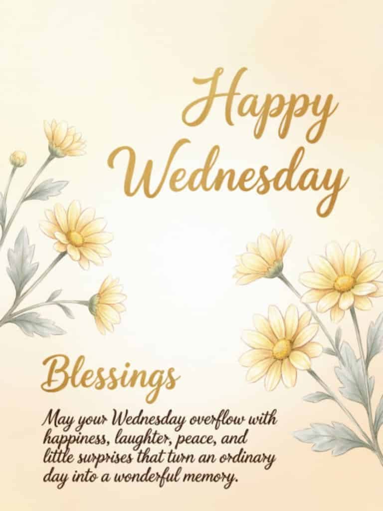 Happy Wednesday blessings quote image with yellow daisy flowers.
