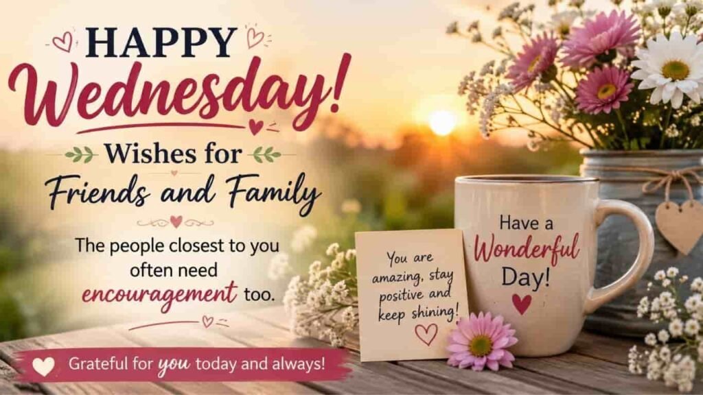 Happy Wednesday wishes for friends and family with a coffee cup, flowers, and sunrise view.
