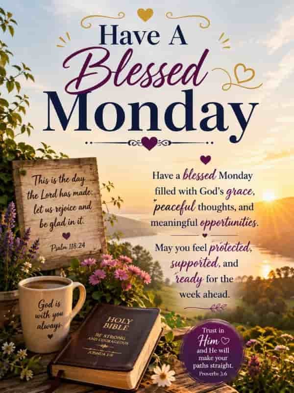 Have a Blessed Monday quote and blessing featuring a peaceful sunrise landscape, colorful flowers, a Bible, coffee mug, and a message asking for God’s grace, protection, peaceful thoughts, and meaningful opportunities throughout the week.