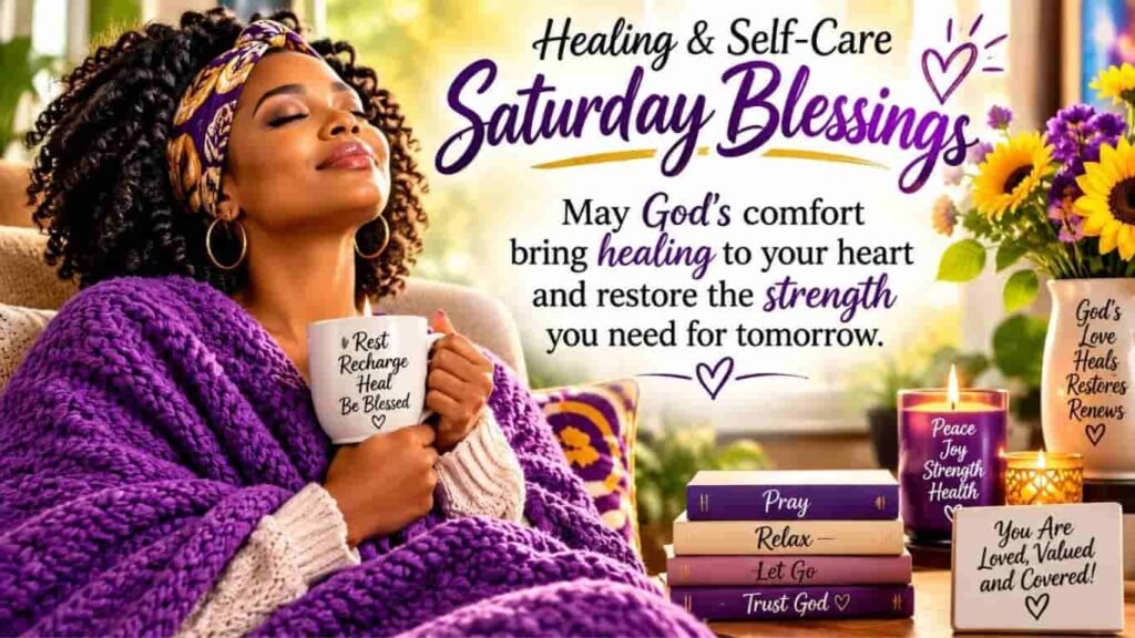 Healing and self-care Saturday blessings featuring a peaceful Black woman relaxing with a warm drink, surrounded by flowers, candles, and cozy décor, with a message asking God’s comfort to bring healing and restore strength for tomorrow.