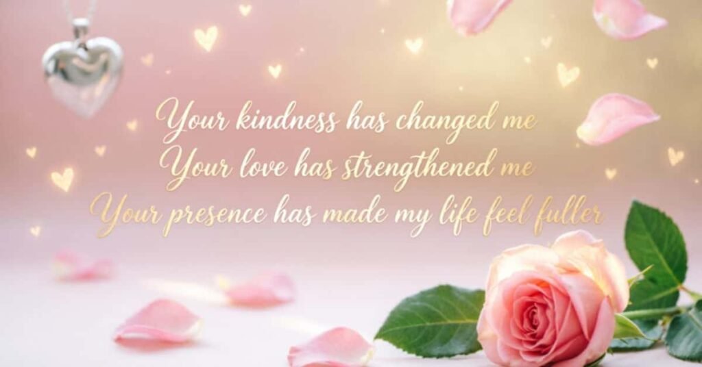 Heart-touching birthday wishes for girlfriend with a romantic love message, pink rose, heart-shaped pendant, and scattered rose petals.