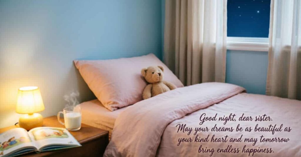 Cozy bedroom at night with a soft pink bed, teddy bear, bedside lamp, open book, warm milk, and a heartfelt good night message for sister, creating a peaceful and comforting bedtime atmosphere.