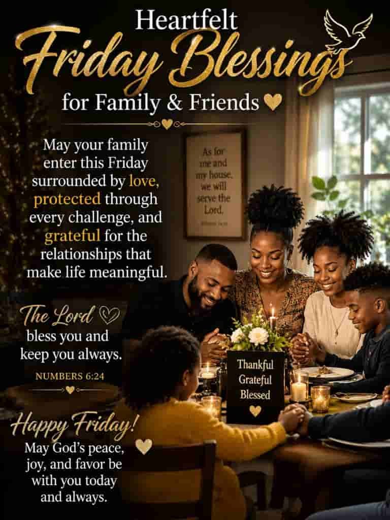 Heartfelt African American spiritual Friday blessings featuring a joyful Black family gathered in prayer around a candlelit dinner table, with a message about love, protection, gratitude, faith, and meaningful family relationships.