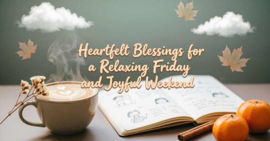 Heartfelt Friday blessings image featuring a steaming coffee cup, an open book, cinnamon sticks, oranges, autumn leaves, and the message “Heartfelt Blessings for a Relaxing Friday and Joyful Weekend.