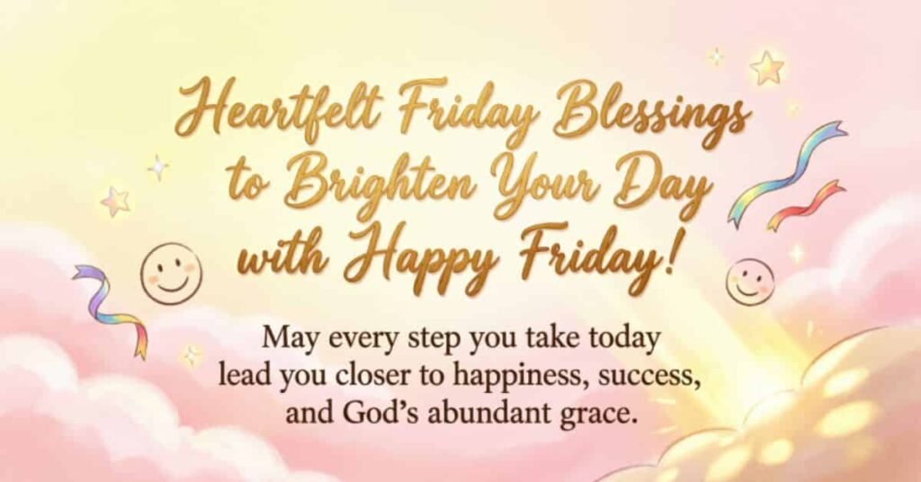 Heartfelt Friday blessings quote with a colorful pastel background, stars, smiling faces, and the message, “May every step you take today lead you closer to happiness, success, and God’s abundant grace.