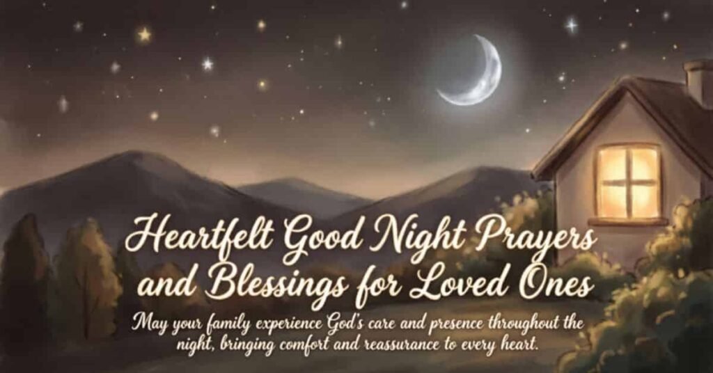 Heartfelt good night prayers and blessings for loved ones featuring a glowing cottage, crescent moon, starry sky, and peaceful mountains, with a message of God’s care and comfort.