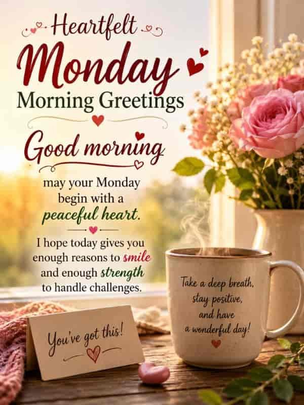 Heartfelt Monday morning greetings with a peaceful sunrise, pink roses, a warm coffee mug, and an uplifting message wishing strength, smiles, and a positive start to the week.