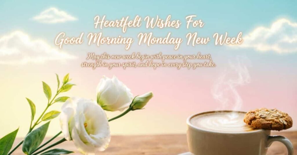 Heartfelt good morning Monday new week wishes image featuring white flowers, a steaming cup of coffee, and an inspirational blessing for peace, strength, hope, and a joyful new week.