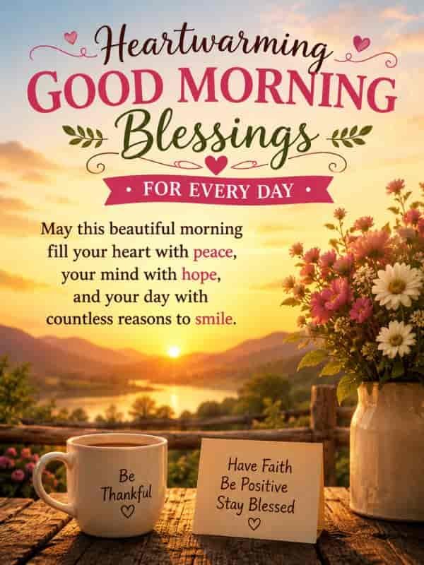 Heartwarming Good Morning blessings greeting with a beautiful sunrise, flowers, coffee mug, and message of peace, hope, and happiness.”