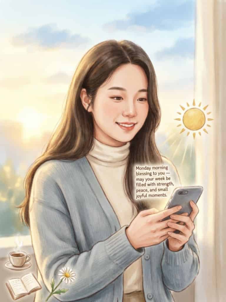 Illustration of a woman holding a smartphone on Monday morning with a blessing message about strength, peace, and joyful moments