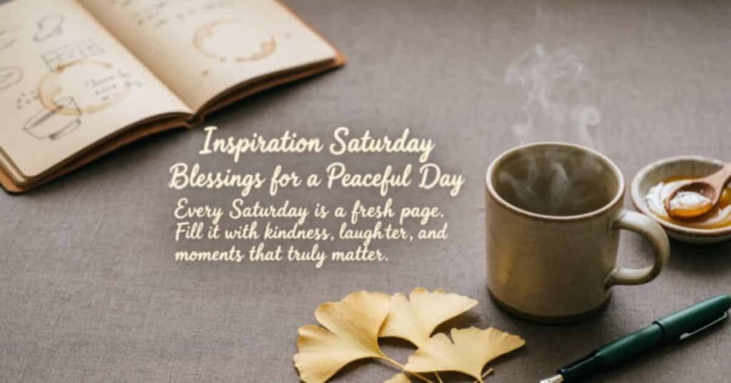 Inspiration Saturday Blessings for a Peaceful Day image featuring a steaming coffee mug, open journal, pen, and golden leaves with the inspirational quote: 'Every Saturday is a fresh page. Fill it with kindness, laughter, and moments that truly matter.