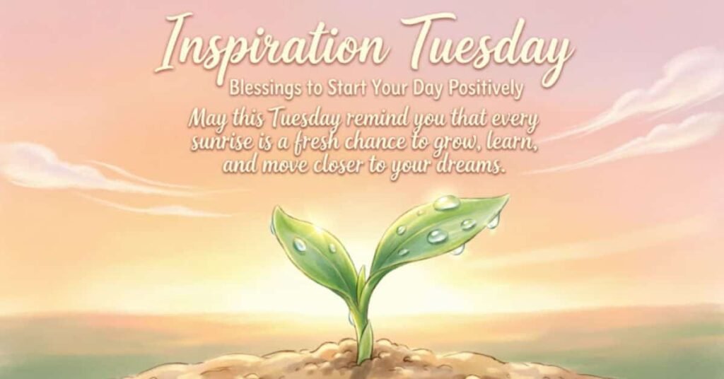 Inspiration Tuesday blessings image featuring a young green plant sprouting from the soil at sunrise, symbolizing growth, hope, and new beginnings, with an uplifting message encouraging positivity and pursuing your dreams.