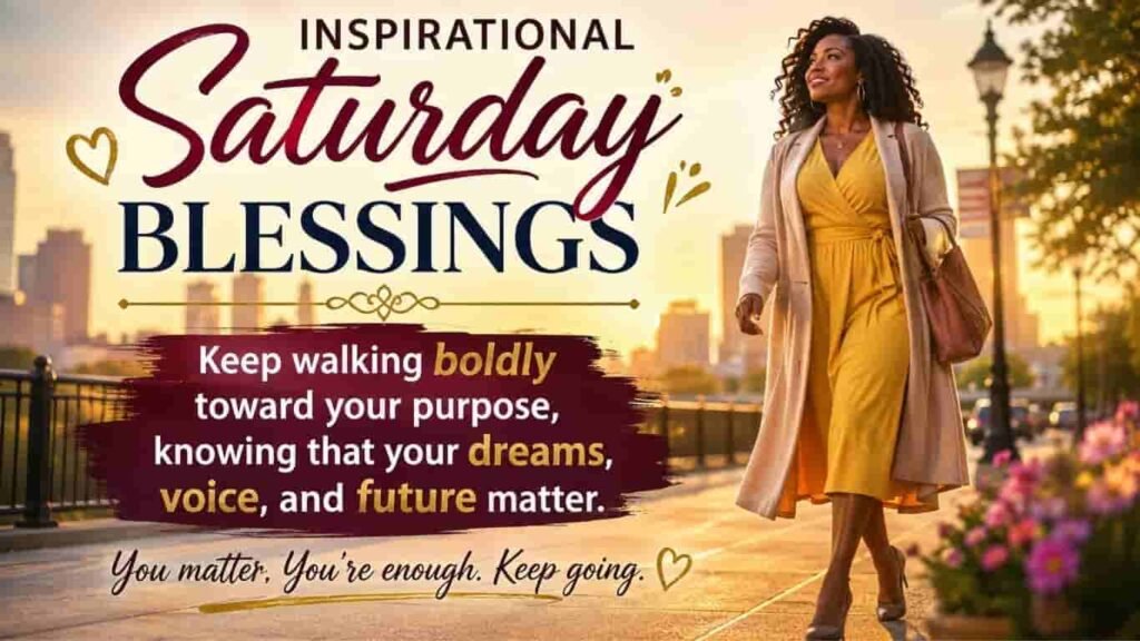 Inspirational African American Saturday blessings image featuring a confident Black woman walking through a sunlit city park with the message, “Keep walking boldly toward your purpose, knowing that your dreams, voice, and future matter.