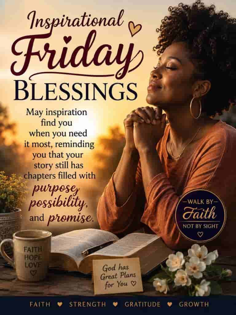 Inspirational African American Friday blessings image featuring a Black woman praying beside an open Bible at sunrise, with a message about purpose, possibility, promise, faith, strength, gratitude, and growth.