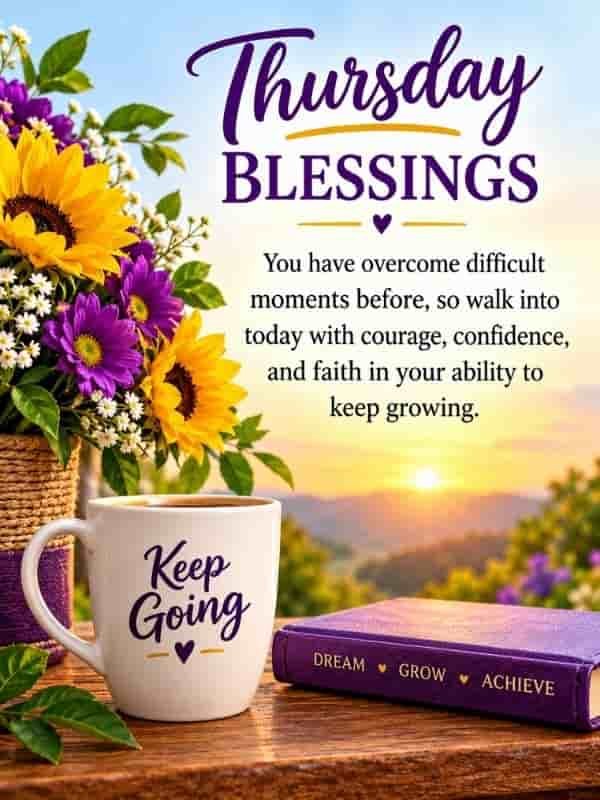Inspirational African American Thursday blessings with a sunrise background, colorful sunflowers and purple flowers, and a motivational message about courage, confidence, faith, and personal growth.
