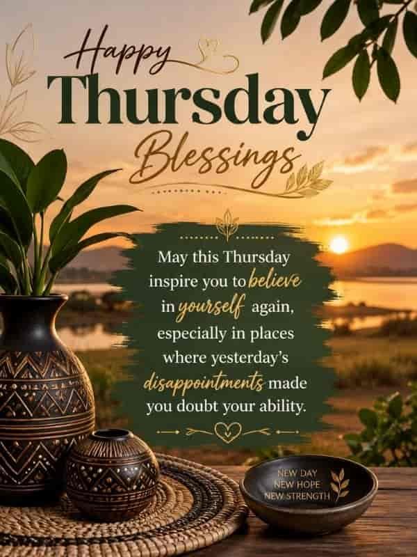 Inspirational African American Thursday blessings graphic with a golden sunrise, African-inspired decorative pottery, greenery, and an uplifting message about believing in yourself again after past disappointments.