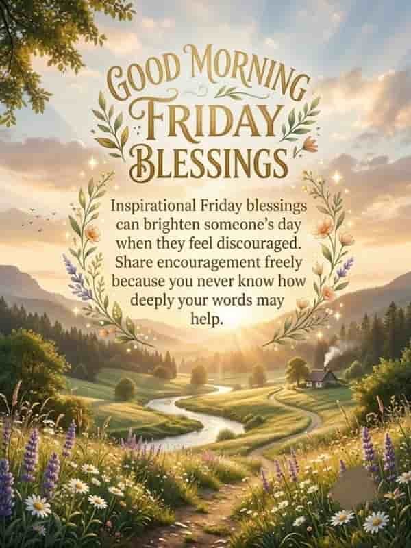 Inspirational Good Morning Friday Blessings image featuring an encouraging quote over a glowing landscape with a winding river and wildflowers.