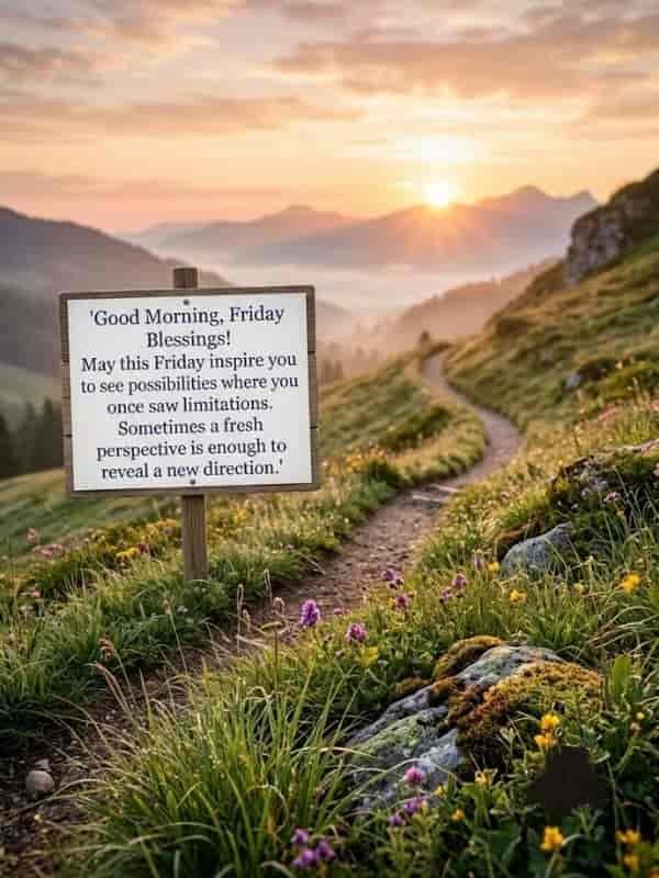 Inspirational Good Morning Friday Blessings image featuring a signpost on a winding mountain trail during a sunrise.