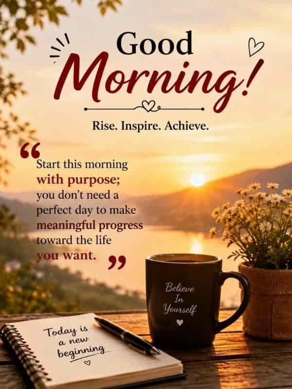Good Morning inspirational quote with a peaceful sunrise, coffee mug, flowers, and message about starting the day with purpose.