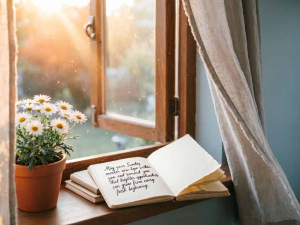 Good morning Sunday blessings scene with sunlight through window, flowers and open book with inspirational quote